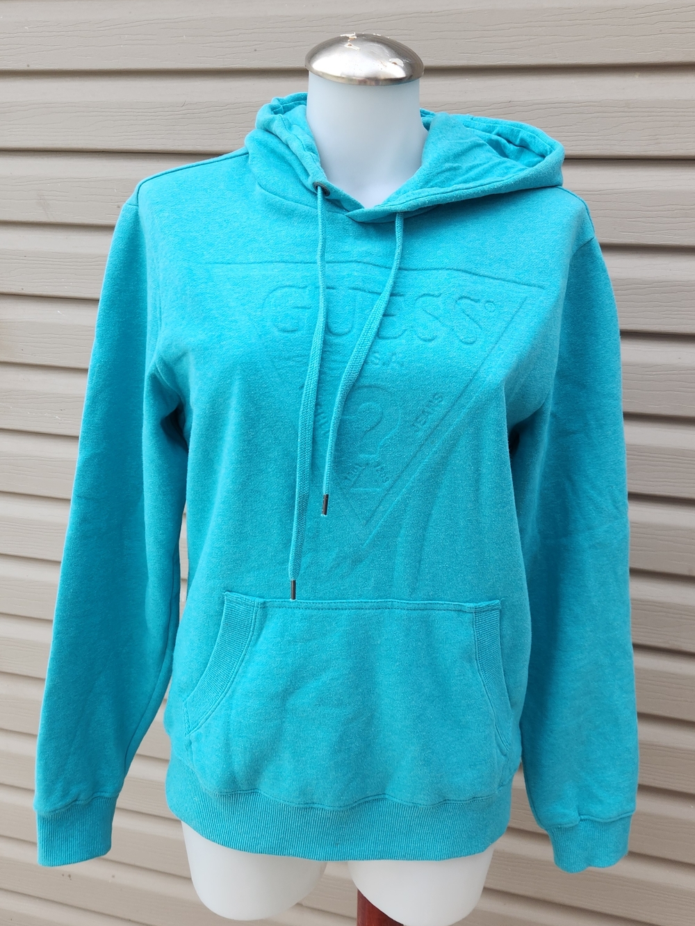 Guess Teal Pullover Hoodie Embossed Triangle Logo XS Like New Fleece Tiffany Blu